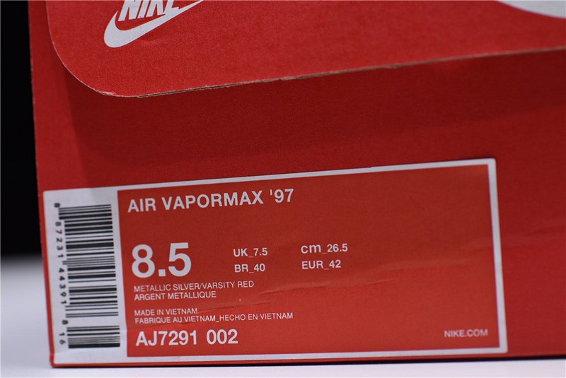 nike mens AIR VAPORMAX 97 "SILVER BULLET" metallic silver varsity red AJ7291-002